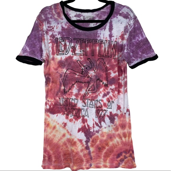 NWOT Led Zeppelin Tye-Dye Hippy Zoso Spell-out Graphic Ladies XL T-Shirt SS Pink - Picture 1 of 11